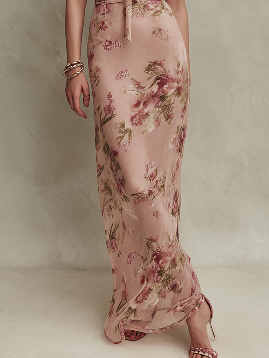 Lia | Elegant Floral Print Chiffon Maxi Dress with Keyhole Neckline