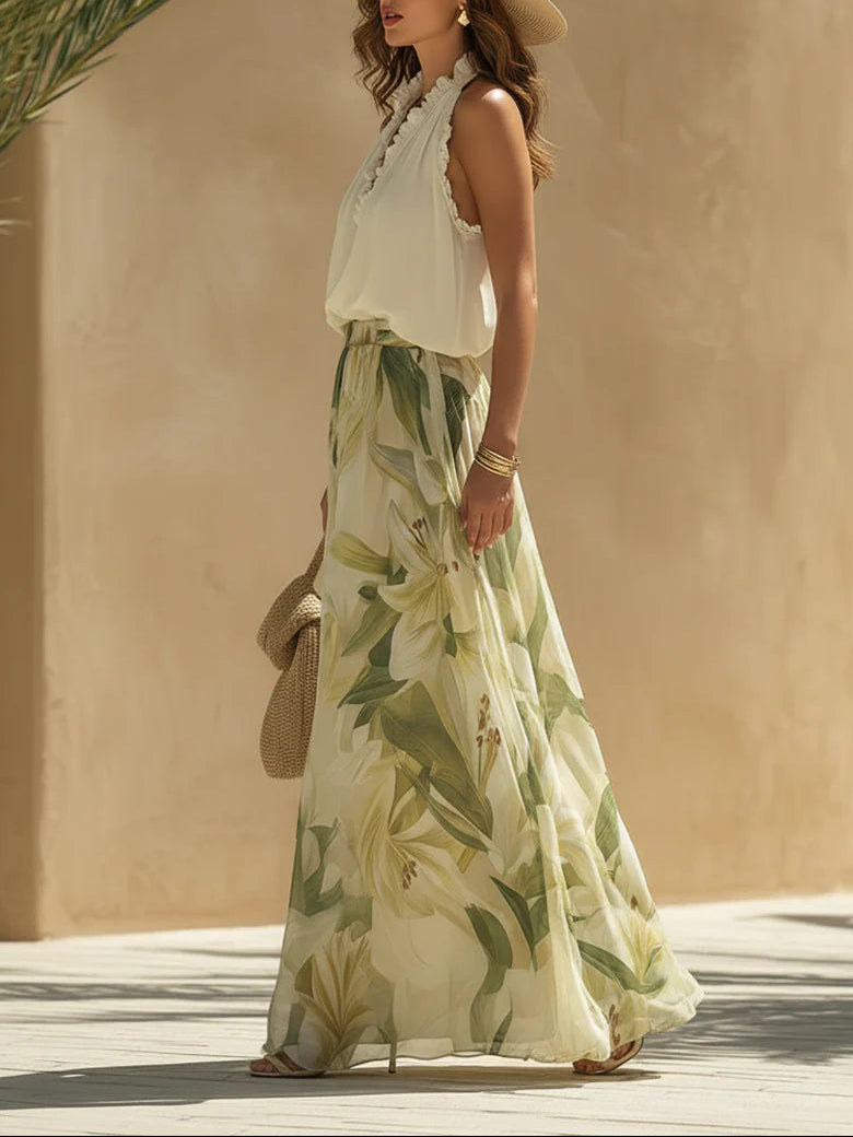 Alessandra | Chiffon Sleeveless Top with Ruffles and Lilium Print Trousers
