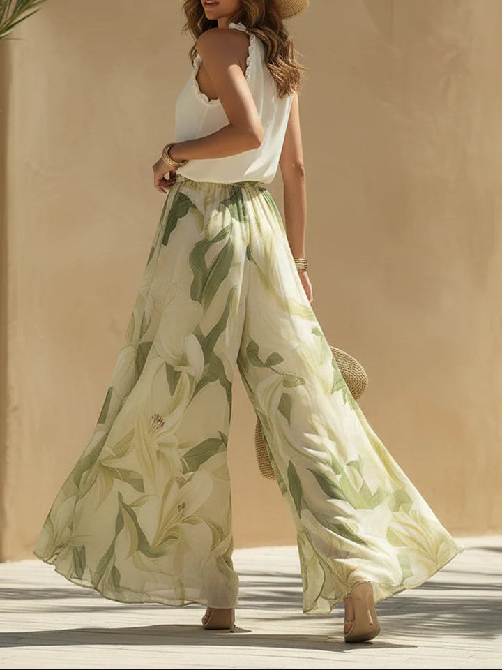 Alessandra | Chiffon Sleeveless Top with Ruffles and Lilium Print Trousers