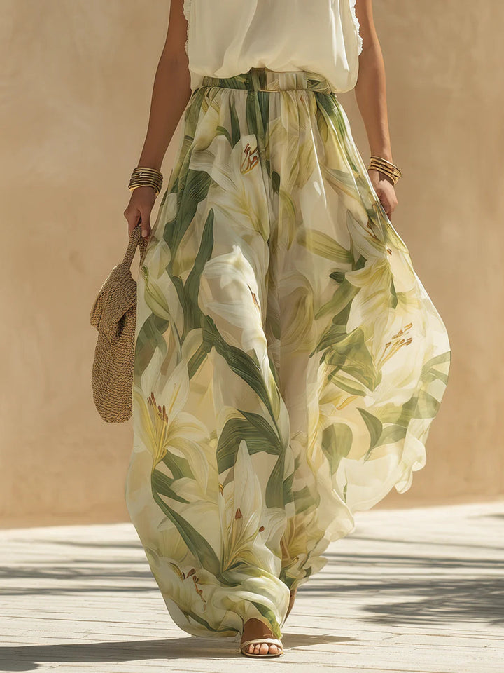 Alessandra | Chiffon Sleeveless Top with Ruffles and Lilium Print Trousers