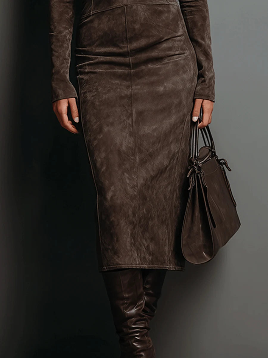 Mildred Elegant Suede Maxi Dress, detail of the skirt and seam lines