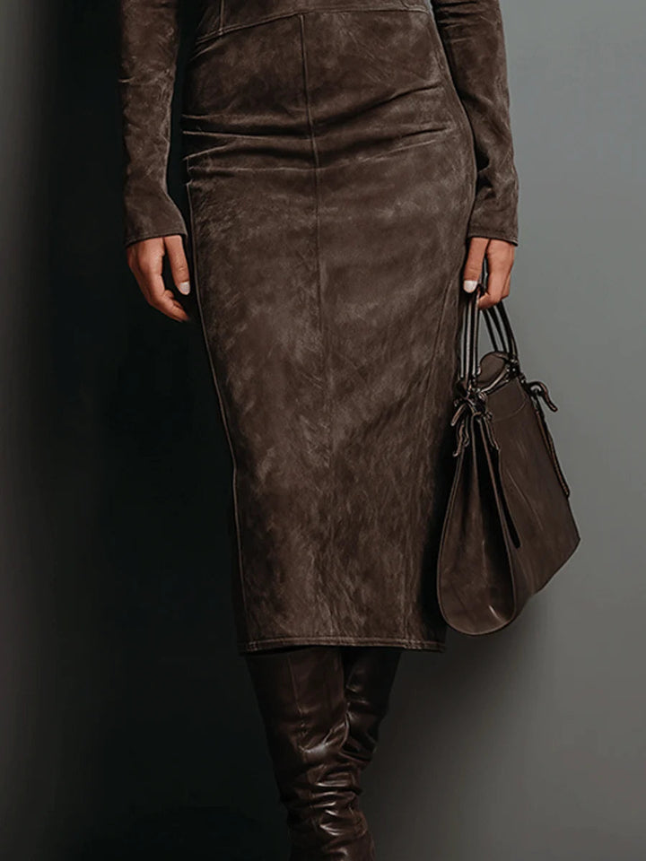 Mildred Elegant Suede Maxi Dress, detail of the skirt and seam lines