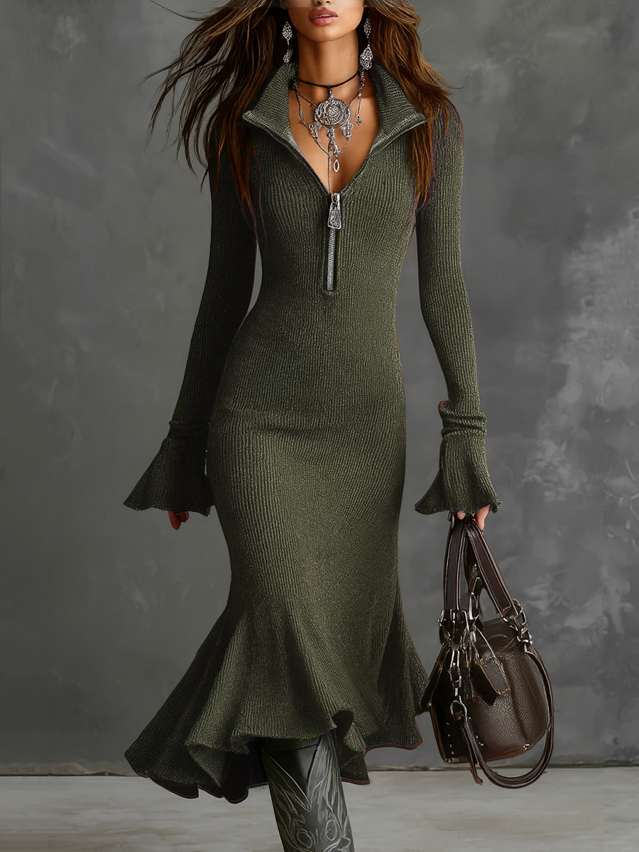 Danella | Retro Zip Neck Knit Midi Dress