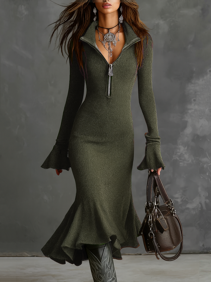Danella | Retro Zip Neck Knit Midi Dress