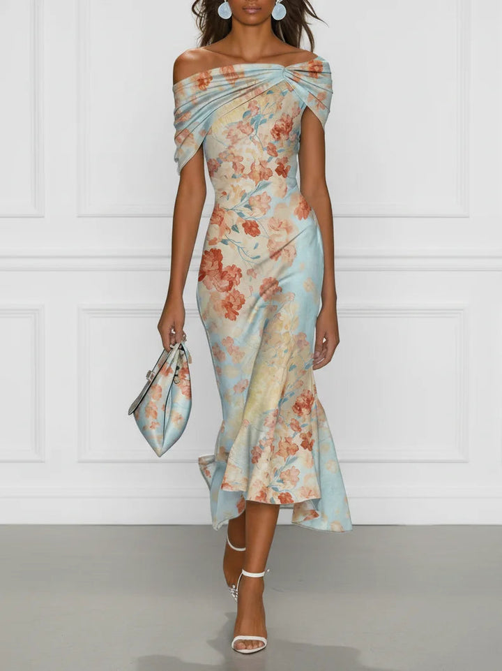 Vittoria | Midi Mermaid Dress Without Sleeves with Off-Shoulder and Blue Floral Pattern