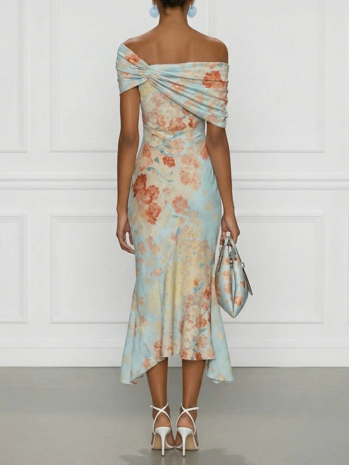 Vittoria | Midi Mermaid Dress Without Sleeves with Off-Shoulder and Blue Floral Pattern