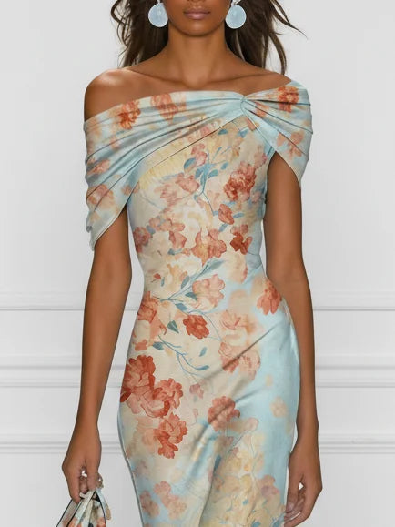 Vittoria | Midi Mermaid Dress Without Sleeves with Off-Shoulder and Blue Floral Pattern