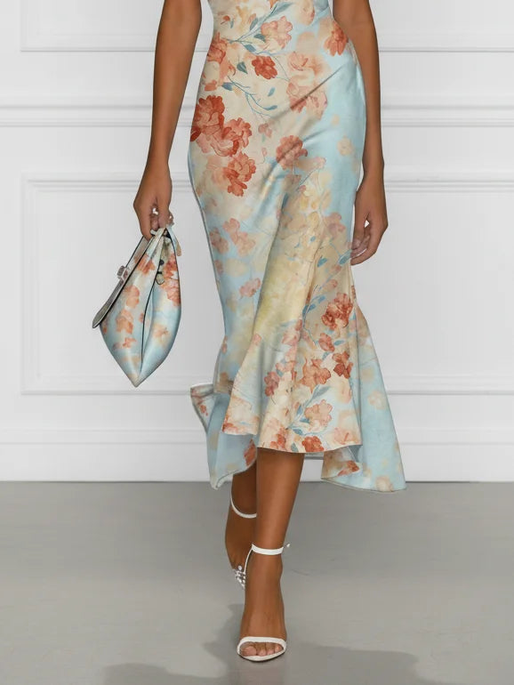 Vittoria | Midi Mermaid Dress Without Sleeves with Off-Shoulder and Blue Floral Pattern