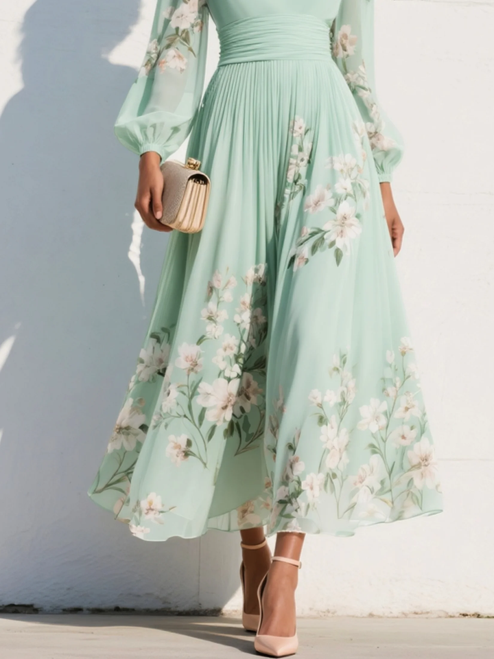 Layla | Maxi Pleated Chiffon Dress in Mint Green with Floral Print for Women