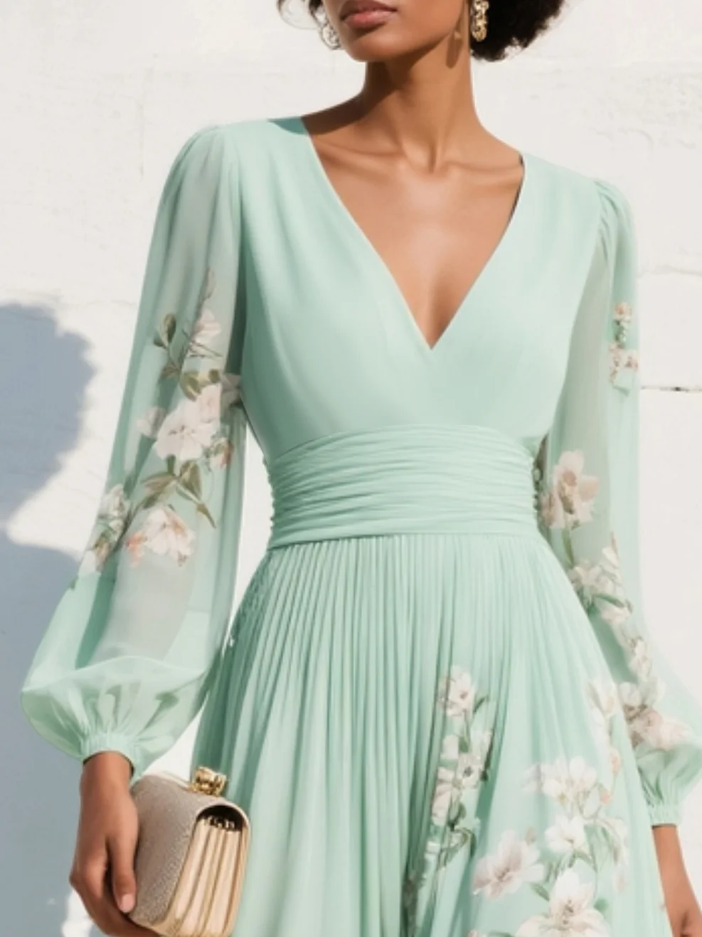 Layla | Maxi Pleated Chiffon Dress in Mint Green with Floral Print for Women
