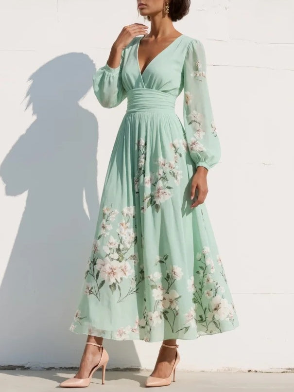 Layla | Maxi Pleated Chiffon Dress in Mint Green with Floral Print for Women