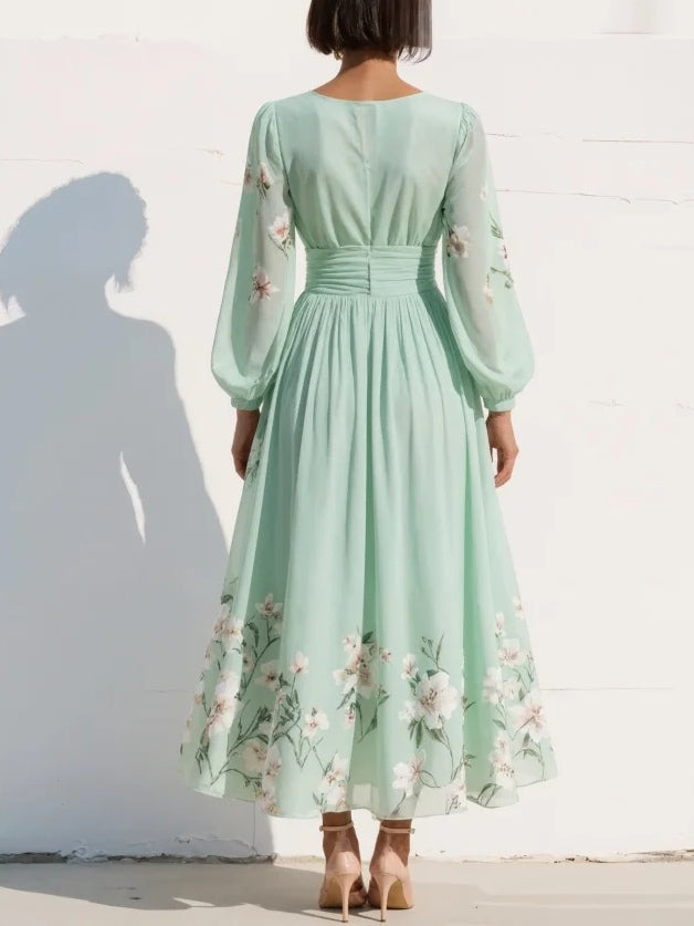 Layla | Maxi Pleated Chiffon Dress in Mint Green with Floral Print for Women