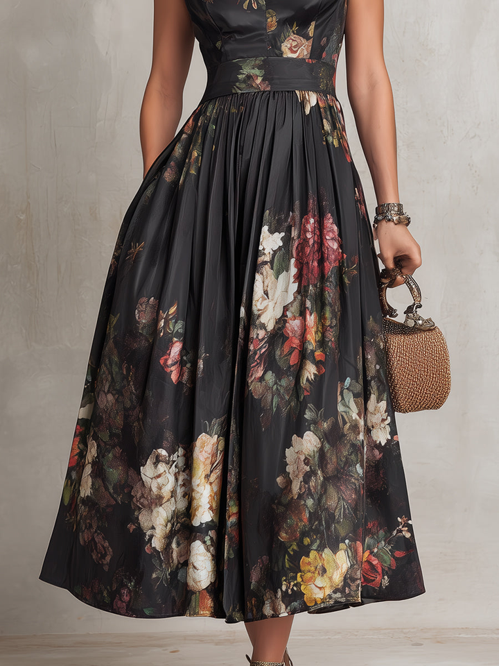 Violetta | Black Midi Dress in Pleated Satin with Floral Pattern and Keyhole Neckline