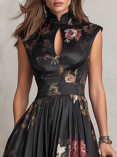 Violetta | Black Midi Dress in Pleated Satin with Floral Pattern and Keyhole Neckline