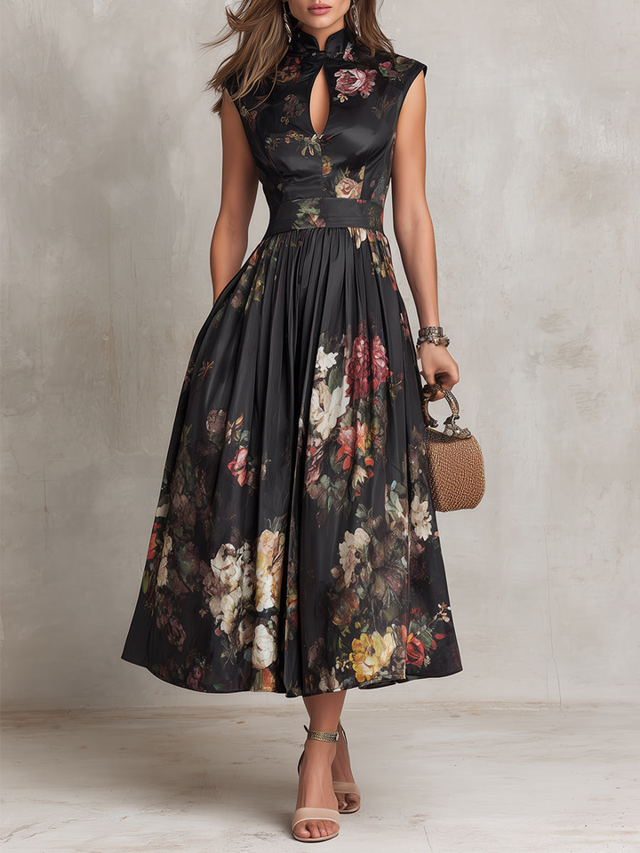 Violetta | Black Midi Dress in Pleated Satin with Floral Pattern and Keyhole Neckline