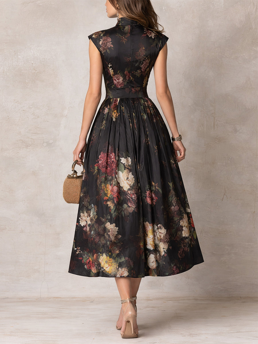 Violetta | Black Midi Dress in Pleated Satin with Floral Pattern and Keyhole Neckline