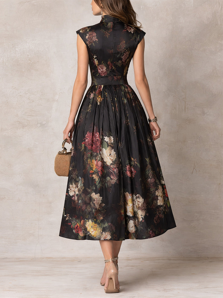 Violetta | Black Midi Dress in Pleated Satin with Floral Pattern and Keyhole Neckline