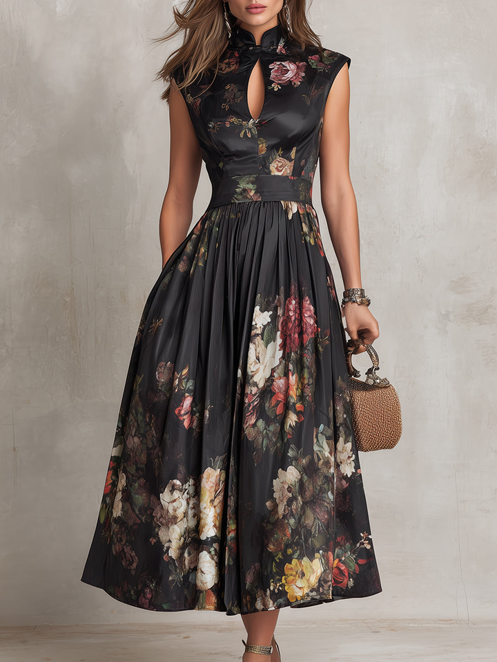 Violetta | Black Midi Dress in Pleated Satin with Floral Pattern and Keyhole Neckline