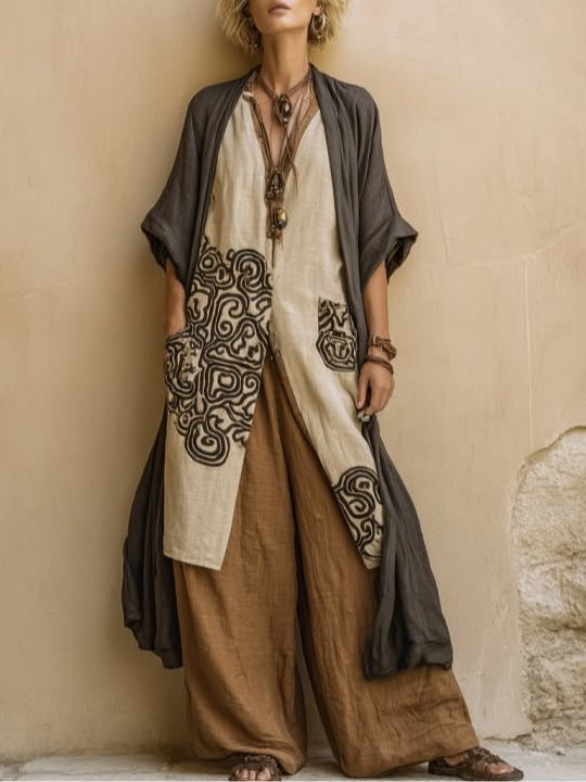 Giulia | Three-Piece Bohemian Nomad Set in Dark Gray and Brown with Tribal Pattern