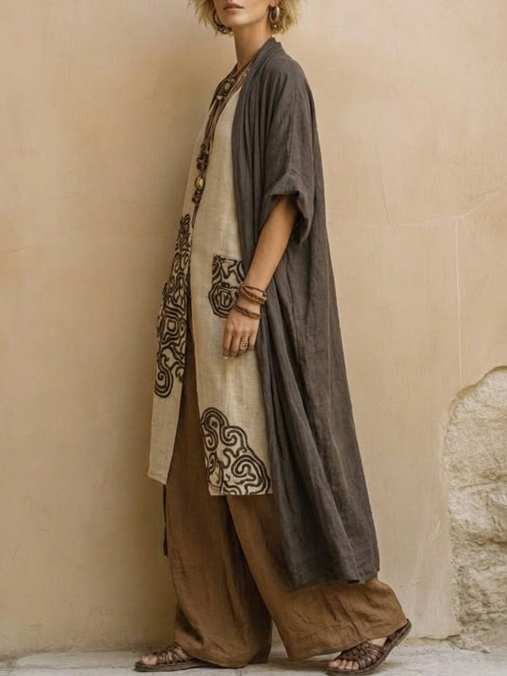 Giulia | Three-Piece Bohemian Nomad Set in Dark Gray and Brown with Tribal Pattern