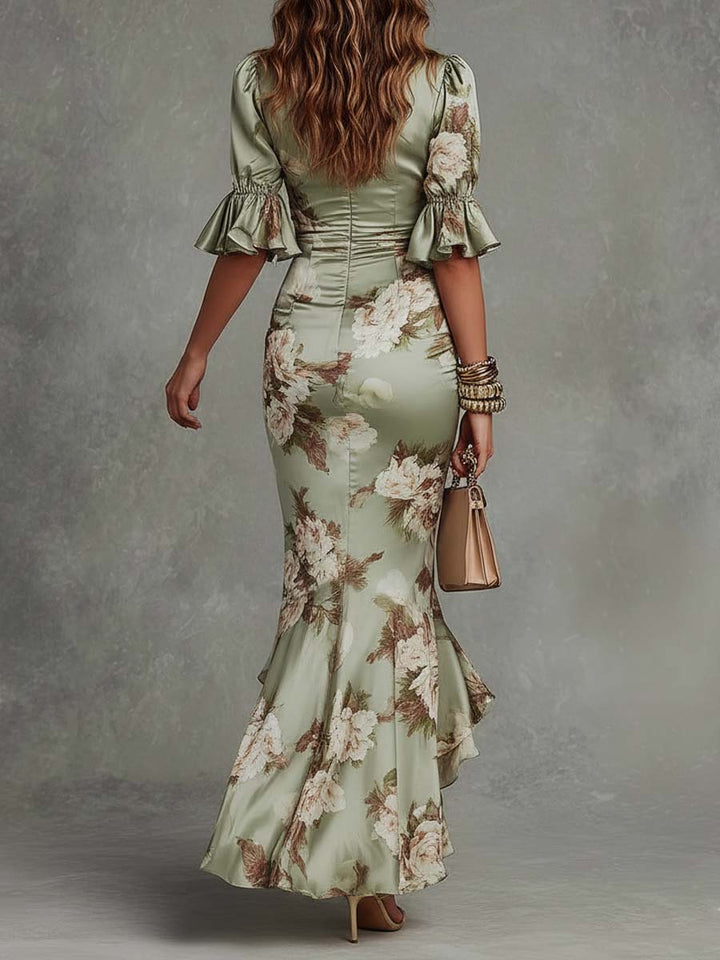 Anna | Asymmetrical long dress in green satin with V-neck, flared puff sleeves, and floral pattern