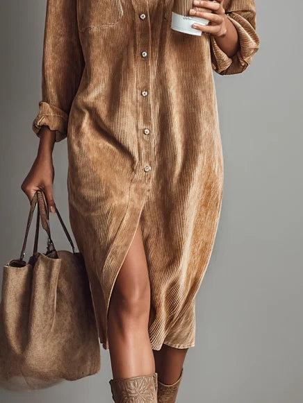 Zabrina Shirt Dress with Front Pockets, detail of the hem and side split