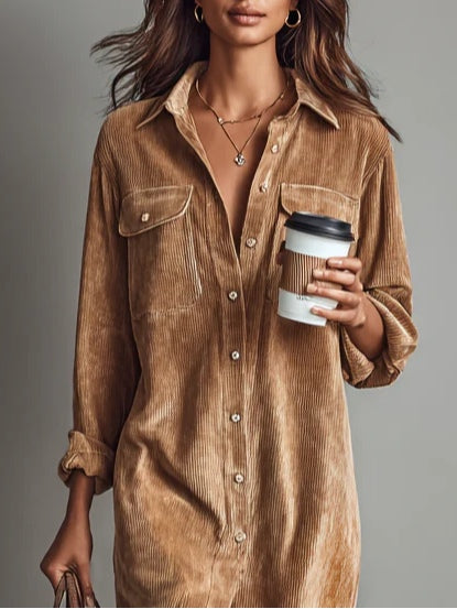 Zabrina Shirt Dress with Front Pockets, close-up of the collar, button placket and chest pocket