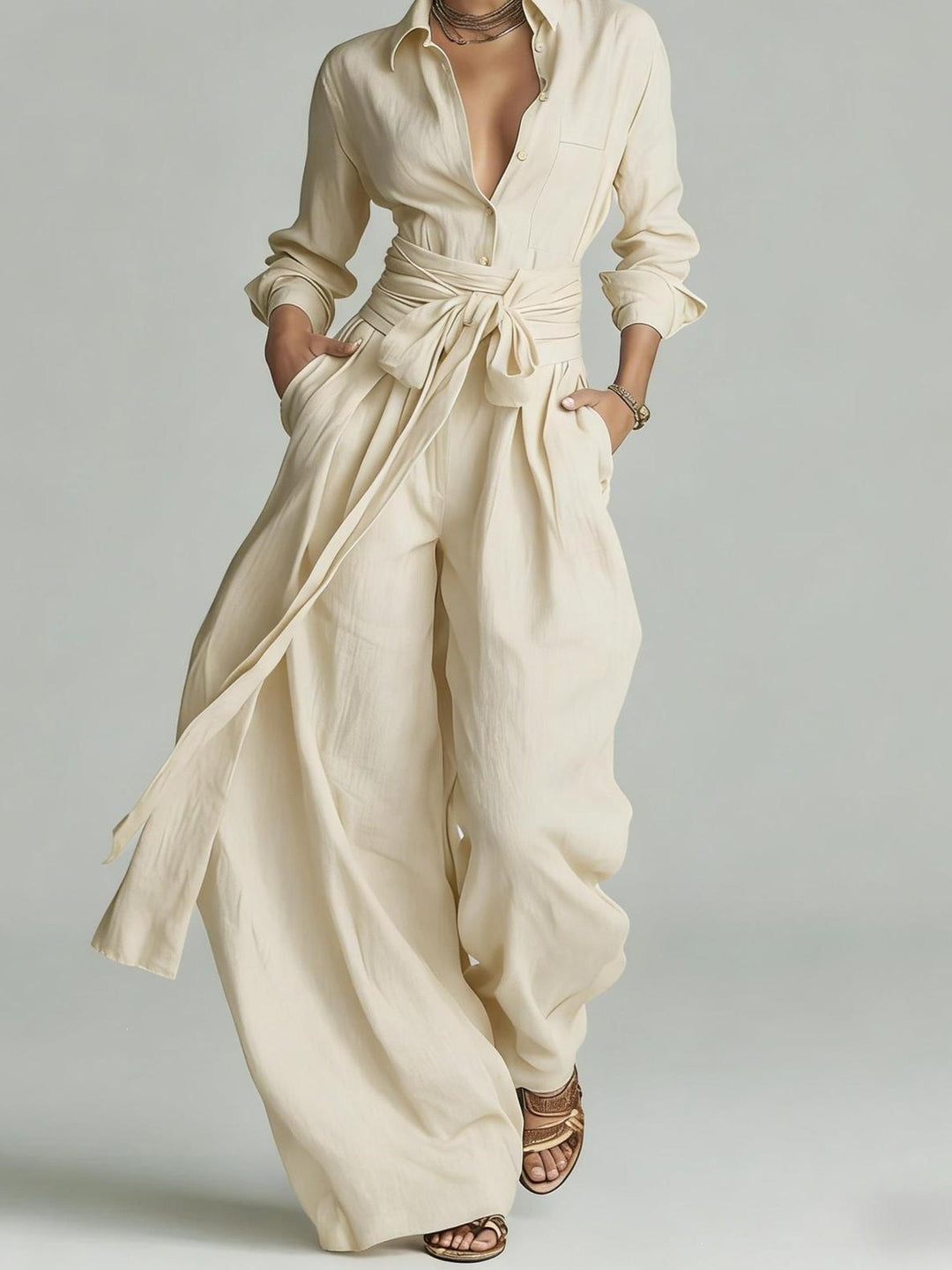 Betty Tie-Waist Wide-Leg Two-Piece Set in Cream