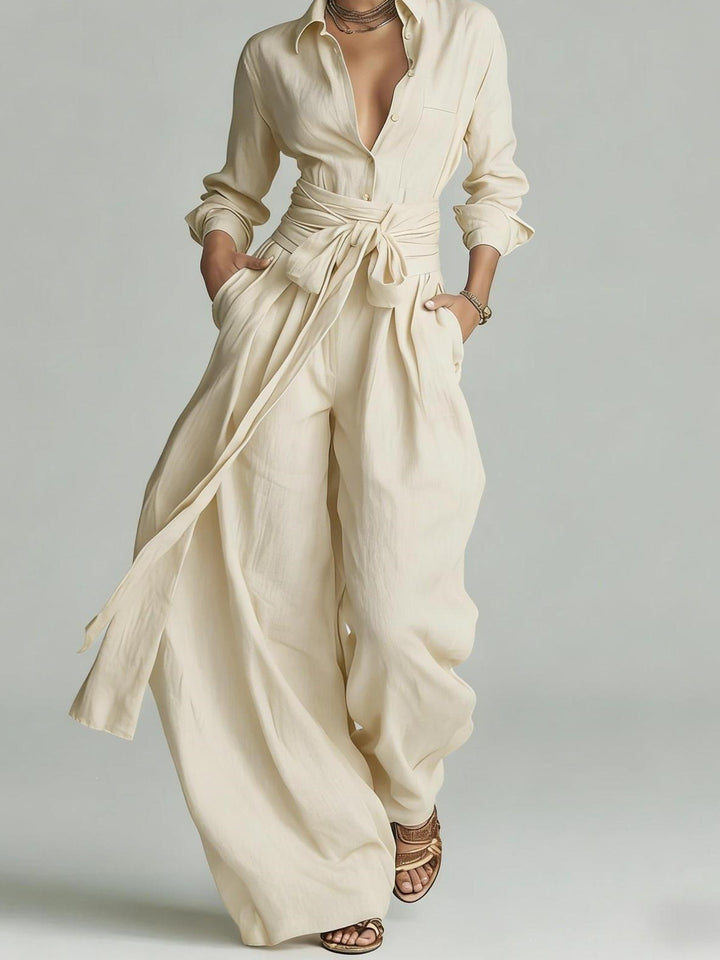 Betty Tie-Waist Wide-Leg Two-Piece Set in Cream