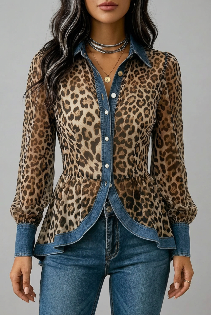 Fablenne | Leopard Print Denim Panel Peplum Jacket