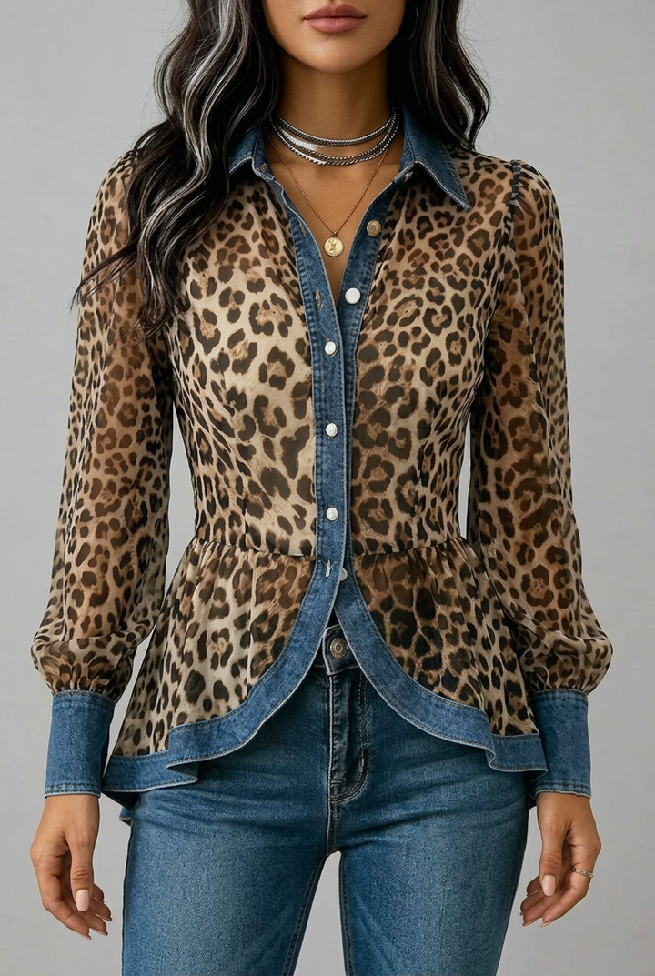 Fablenne | Leopard Print Denim Panel Peplum Jacket