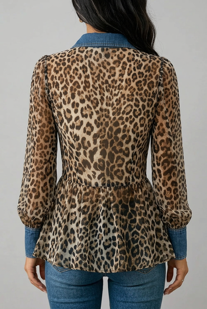 Fablenne | Leopard Print Denim Panel Peplum Jacket